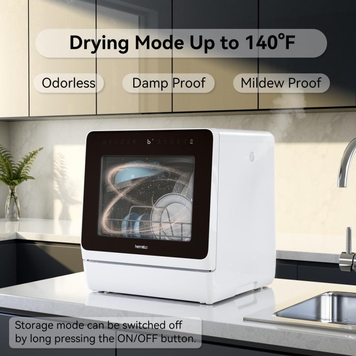 Hermitlux Countertop Dishwasher, 7 Washing Programs Portable Mini Dishwasher with 5-Liter Built-in Water Tank for Apartments & RVs, LED Light, Glass Door, No Hookup Needed - Image 3