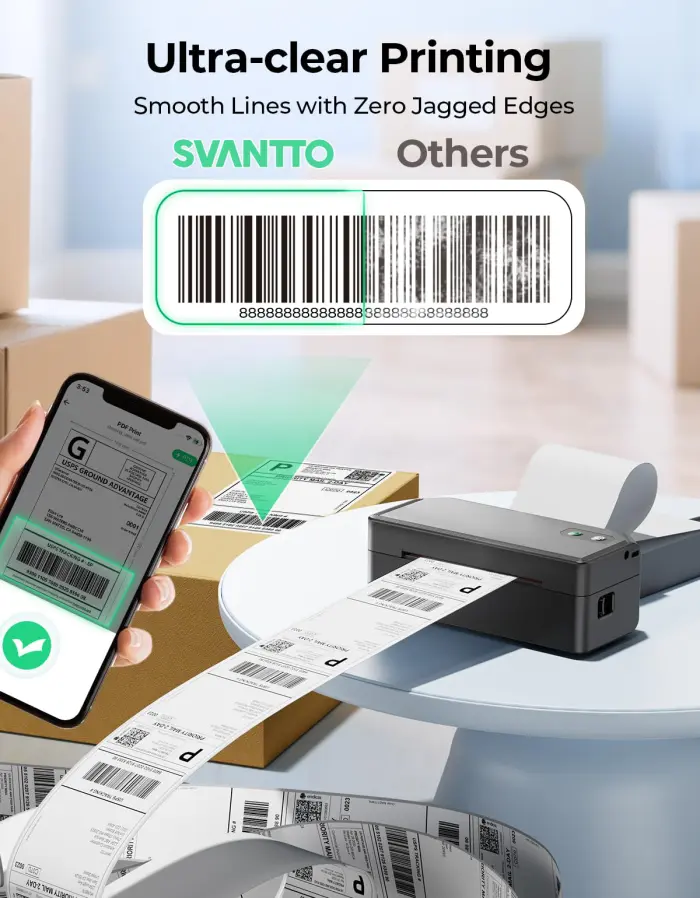 SVANTTO Bluetooth Thermal Label Printer, 4x6 Shipping Label Printer for Small Business, Compatible with iOS, Android, Windows, Mac, Amazon, Ebay, Shopify, USPS, UPS, Etsy, Black - Image 4