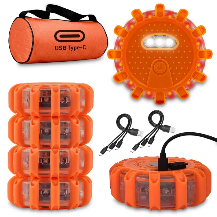 Ecoangel USB-C Rechargeable LED Road Flares Emergency Lights-Large Capacity (Lithium Battery) 3 in 1 Cable Roadside Warning Car Safety Beacon Flashing Disc Flare Kit with Magnetic Base for Vehicles - Image 1