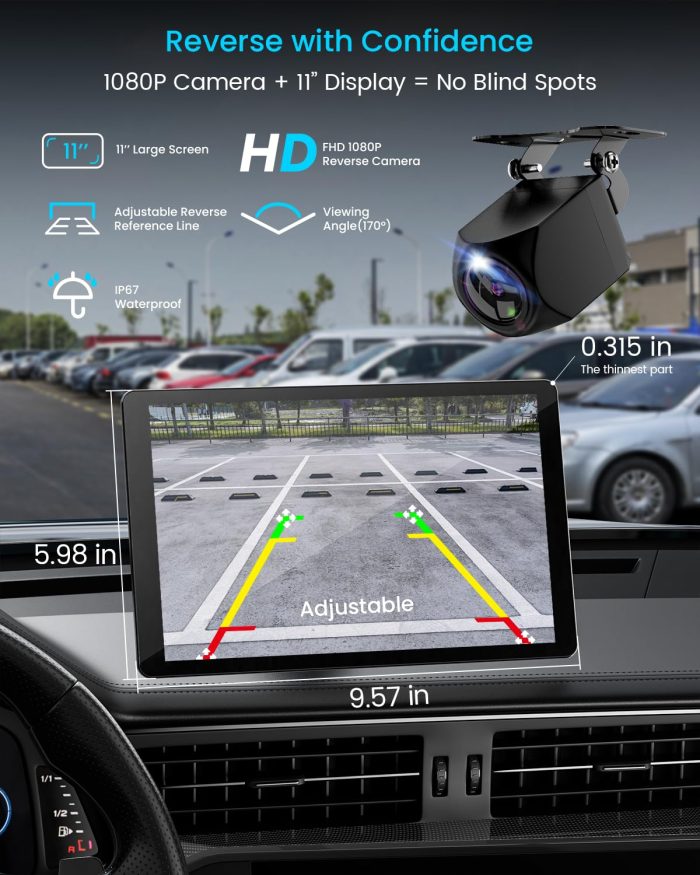 11" Extra Large Wireless Apple CarPlay Screen for Car – Ultra-Slim 0.16 Inch Touchscreen Car Stereo with Android Auto, 4K Dash Cam, 1080p Backup Camera, GPS, Mirror Link, Voice Control - Image 3