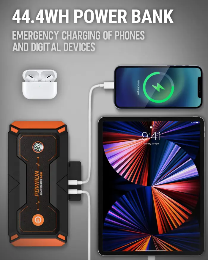 Powrun P-ONE Jump Starter, 2000A Portable Jump Box - Car Jump Starter Battery Pack for up to 8.0L Gas and 6.5L Diesel Engines, 12V Battery Jump Starter with Carry Case (Orange) - Image 4