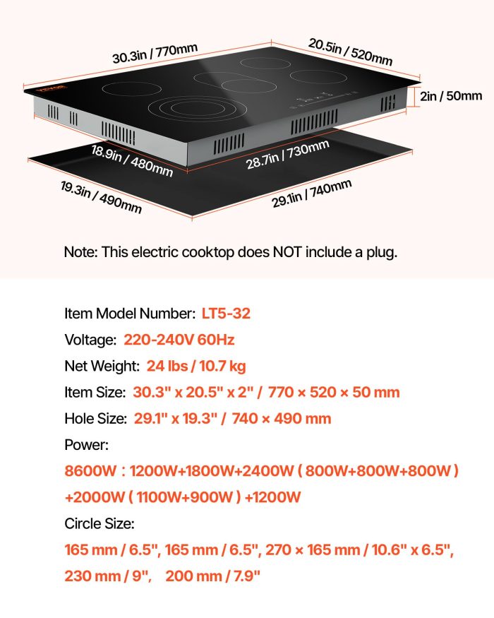 VEVOR Built in Electric Stove Top, 30 inch 5 Burners Ceramic Cooktop, 240V Glass Radiant Cooktop with Sensor Touch Control, Timer & Child Lock Included, 9 Power Levels for Simmer Steam Slow Cook Fry - Image 4