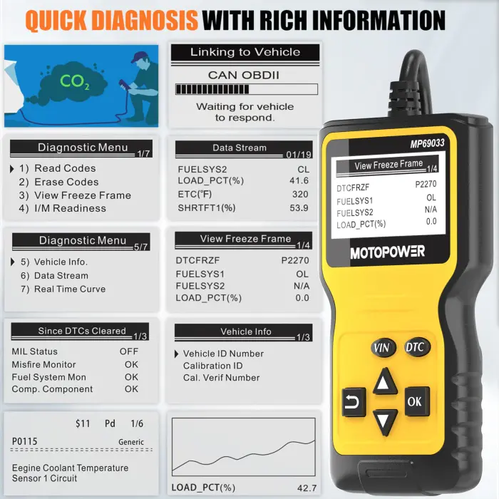 MOTOPOWER MP69033 Car OBD2 Scanner Code Reader Engine Fault Scanner CAN Diagnostic Scan Tool for All OBD II Protocol Cars Since 1996, Yellow - Image 3