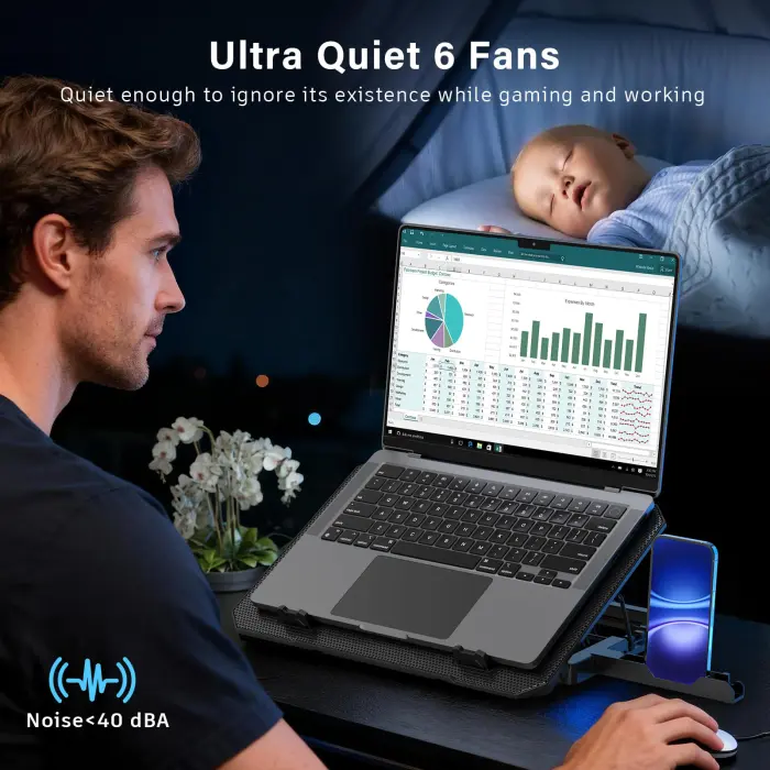 Laptop Cooling Pad, Laptop Cooler 6 Quiet Fans for 12"-17" Laptops, Gaming Laptop Fan Cooling Pad with 5 Height Adjustable, Slim Portable USB Powered, 2 USB Ports & Phone Holder - Image 3
