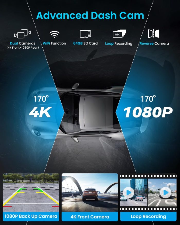 Portable Apple Carplay Screen, 10’’ Car Stereo Wireless Car Play & Android Auto Touch Screen, 4K Dash Cam, 1080P Backup Camera, Mirror Link/Voice Control/Music Play/GPS Navigation - Image 5