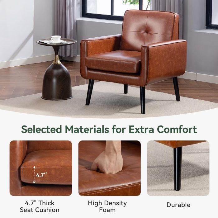 Mid Century Accent Chair, PU Leather Modern Chair with Wooden Frame, Cozy Armchair Reading Chair with Comfy Back for Apartment, Living Room, Bedroom, Waiting Room, Small Space, Corner, Brown - Image 2