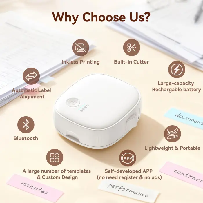 XenGro Mini Label Maker Machine with Tape – Portable Bluetooth Mini Label Printer, Wireless Thermal Label Maker, Waterproof & Rechargeable, Built-in Cutter, for Home, Office, School, Kitchen – White - Image 8
