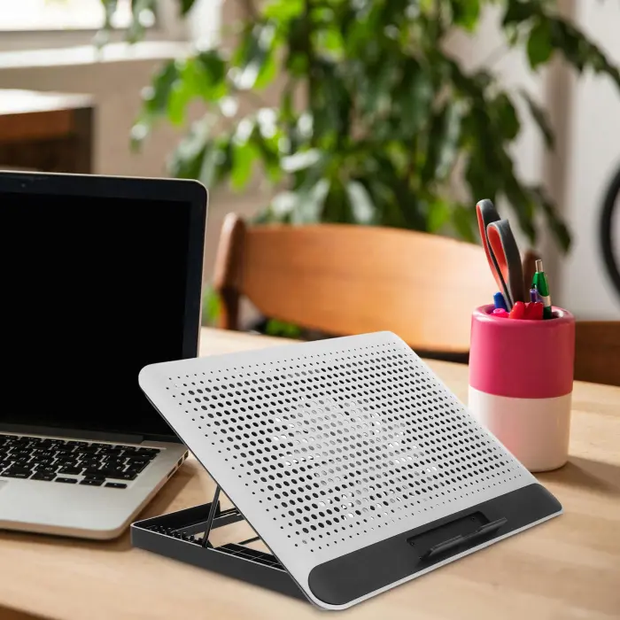 VERDANVERSE Aluminum Alloy Laptop Cooling Pad with Dual USB Ports Quiet Thin Notebook Cooler Stand for Laptops Up to Ergonomic Angles Skid-Resistant Computer Fan Support Frame in Silver - Image 3