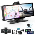 Portable Apple Carplay Screen, 10’’ Car Stereo Wireless Car Play & Android Auto Touch Screen, 4K Dash Cam, 1080P Backup Camera, Mirror Link/Voice Control/Music Play/GPS Navigation