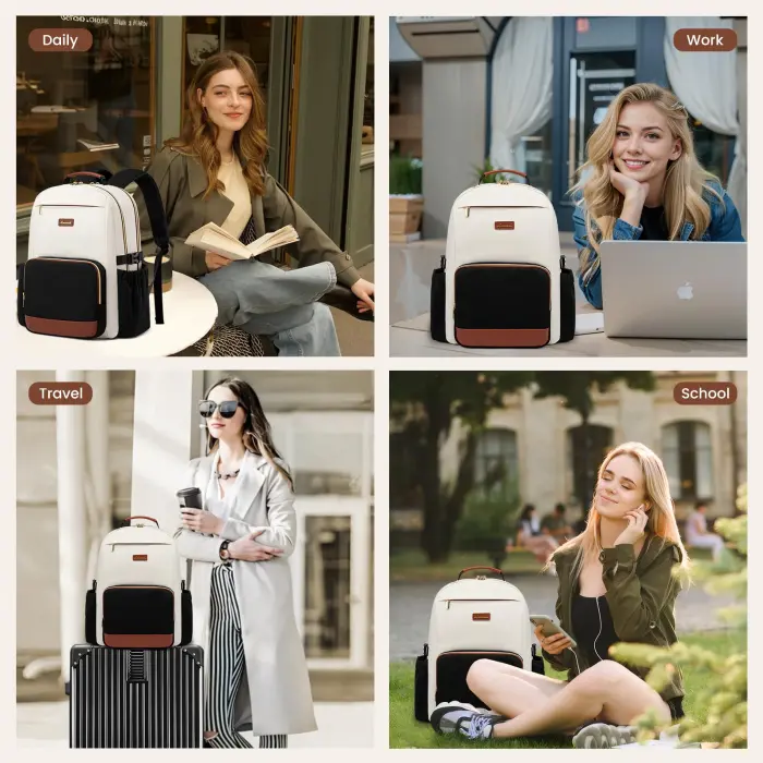 LOVEVOOK Laptop Backpack for Women with Pouch Pocket for Large Capacity Cup,15.6 Inch Laptop Computer Bag Travel Backpack Purse,Waterproof Work Business Backpack College Teacher Bags,Beige-Black-Brown - Image 2