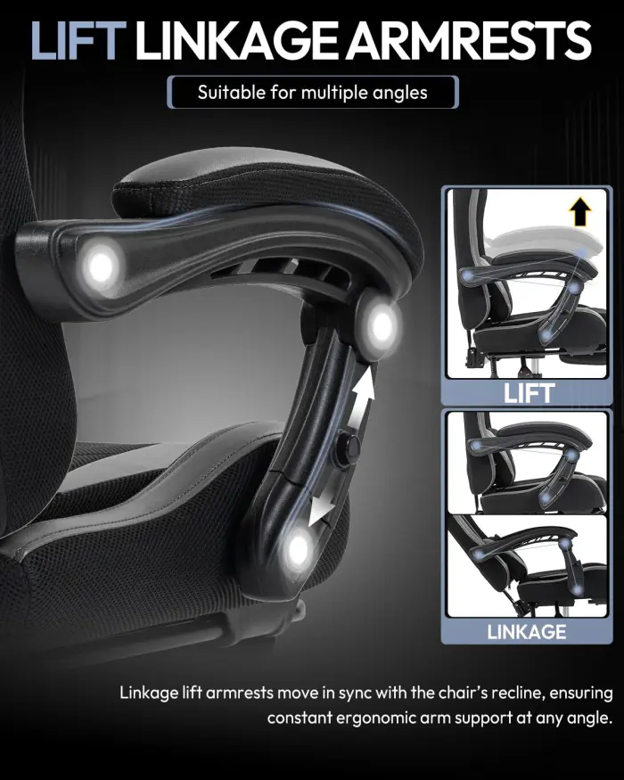 Gaming Chair with Footrest, Ergonomic 330lbs Leather Mesh Chair, Massage Lumbar Support, Adjustable Height & Headrest Pillow, Breathable Seat for Office, Home, Streaming, Long Gaming Sessions, Onyx - Image 2