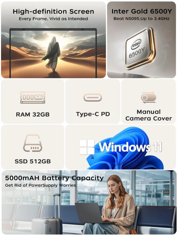 BLUEING 15.6-Inch Laptop Computer, Gold 6500Y Processor (Up to 3.4GHz), 16GB RAM 512GB SSD, 1080P FHD IPS Display, Win11, Type-C, HDMI, USB3.2, BT5.2, WiFi 5, Laptops - Image 7