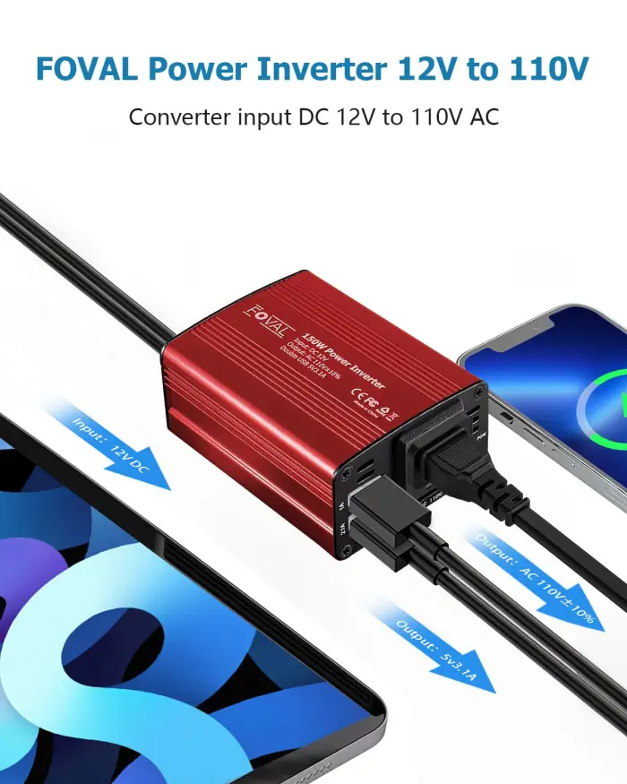 FOVAL 150W Car Power Inverter 12V DC to 110V AC Converter Vehicle Adapter Plug Outlet with 3.1A Dual USB Car Charger for Laptop Computer (Classic Red) - Image 7