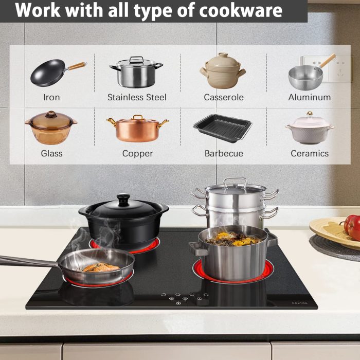 Noxton 24 Inch Electric Cooktop 4 Burners Electric Stove, Built-in Ceramic Cooktop with Touch Control Child Lock Timer Easy To Clean with Hard Wire 6000W 240V - Image 5