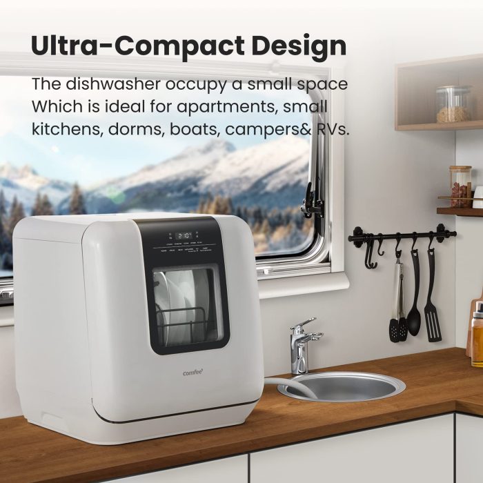 COMFEE' Countertop Dishwasher, Portable Dishwasher with 6L Built-in Water Tank, Mini Dishwasher with More Space Inside, 7 Programs, UV Hygiene& Auto Door Open, for Apartments, Dorms& RVs, White - Image 5