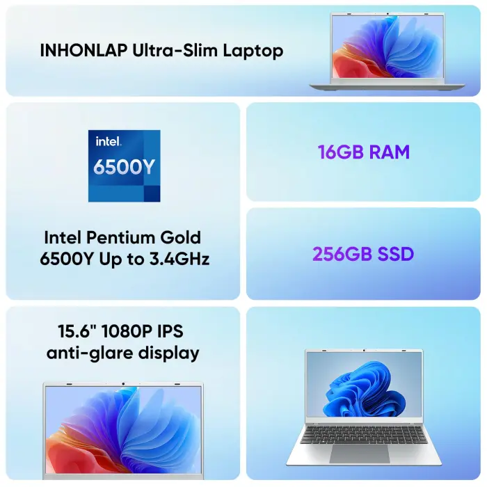 INHONLAP Laptop Computer, 16GB RAM 256GB SSD Laptops, 6500Y Processor (up to 3.4GHz), 15.6" FHD IPS Display, Laptop for Student and Business, WiFi 5, BT 5.0, Sliver - Image 7