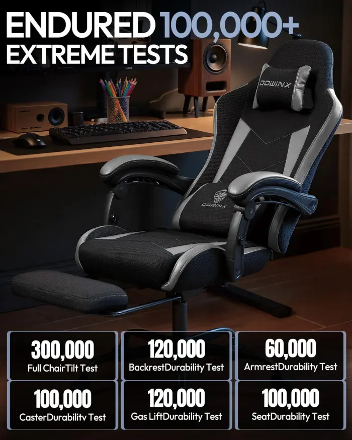 Gaming Chair with Footrest, Ergonomic 330lbs Leather Mesh Chair, Massage Lumbar Support, Adjustable Height & Headrest Pillow, Breathable Seat for Office, Home, Streaming, Long Gaming Sessions, Onyx - Image 3