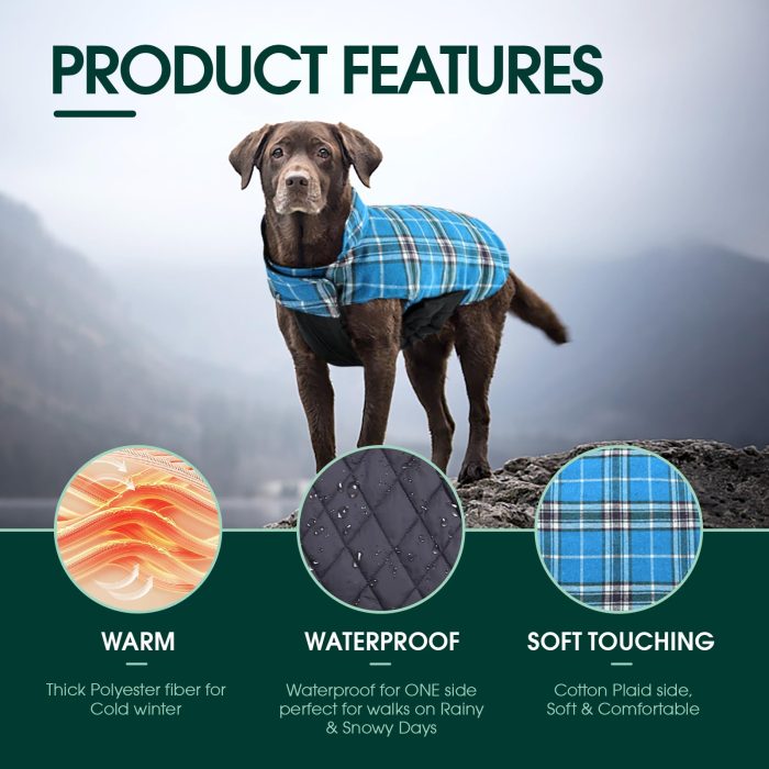 Kuoser Waterproof Dog Coat, Reversible Dog Jacket for Medium Dogs, Adjustable Durable Doggie Winter Coat Warm Puppy Cold Weather Apparel from Small to Large Breed, Blue M - Image 6