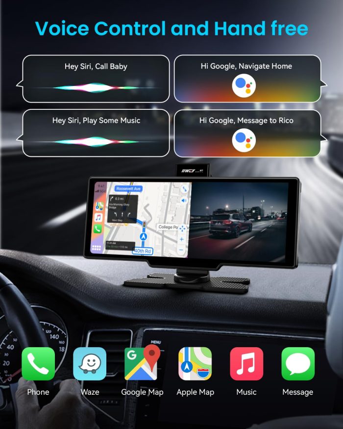 Portable Apple Carplay Screen, 10’’ Car Stereo Wireless Car Play & Android Auto Touch Screen, 4K Dash Cam, 1080P Backup Camera, Mirror Link/Voice Control/Music Play/GPS Navigation - Image 6