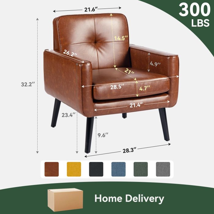 Mid Century Accent Chair, PU Leather Modern Chair with Wooden Frame, Cozy Armchair Reading Chair with Comfy Back for Apartment, Living Room, Bedroom, Waiting Room, Small Space, Corner, Brown - Image 9