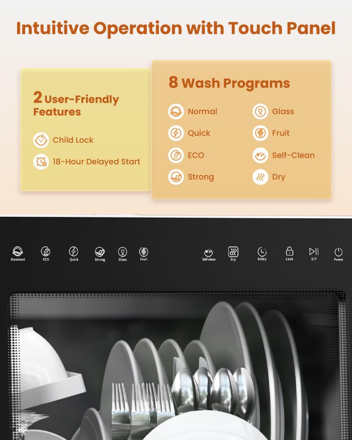 HAVA 2025 NEW Upgraded Countertop Dishwasher with Water Softener and Enhanced Energy Efficiency, Portable Dishwasher with 8 Wash Programs, Child Lock & Delayed Start Function, No Installation Needed - Image 11