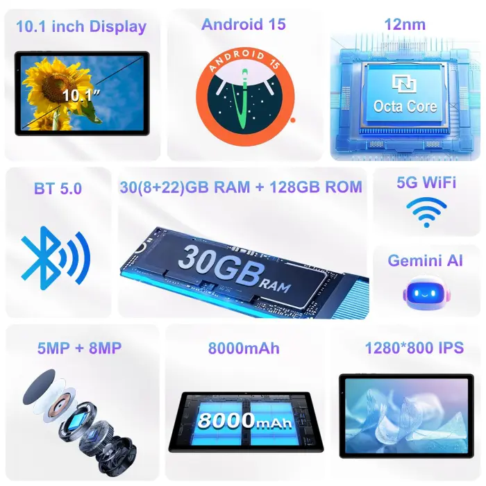 2025 Tablet 10 inch Android 15 Tablets 30GB RAM 128GB ROM 1TB Expand, 8000mAh Octa-Core Tablet with Drop-proof Case, Gemini AI, HD IPS Display, GPS, 5G WIFI, Split-screen, Widevine L1 -Metal Black - Image 3
