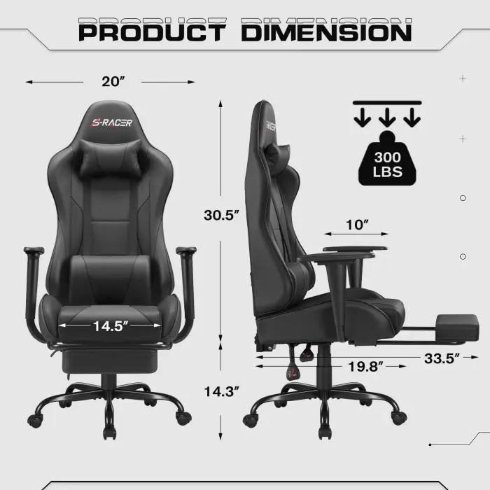 Homall Gaming Chairs, Computer Chair with Footrest and Massage Lumbar Support, Height Adjustable Game Chair with Headrest and Swivel Seat (Black) - Image 6