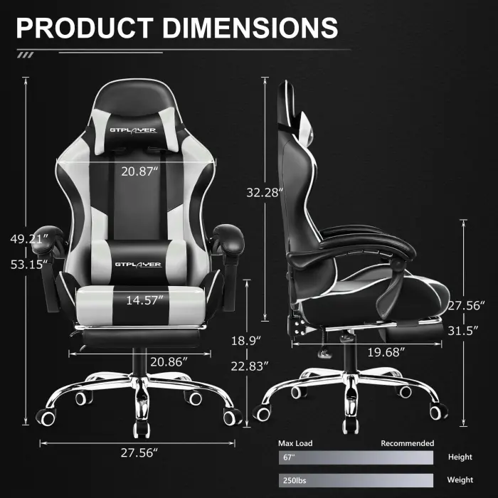 GTPLAYER Gaming Chair, Computer Chair with Footrest and Lumbar Support, Height Adjustable Game Chair with 360°-Swivel Seat and Headrest and for Office or Gaming (Snow White) - Image 7