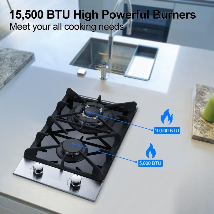 Eascookchef 2 Burner Gas Cooktop, 12 inch LPG/NG Dual Fuel Built-in Gas Stove Top, Black Tempered Glass Stove, Propane Cooktop for Apartment, Outdoor, RV, With Thermocouple Protection - Image 8
