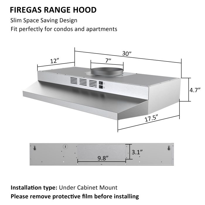FIREGAS 30 inch Range Hood Under Cabinet, Ducted/Ductless Convertible Stainless Steel Kitchen Range Hood with Rocker Button Control, 2 Speed Exhaust Fan, 300 CFM Aluminum Filter Included - Image 2