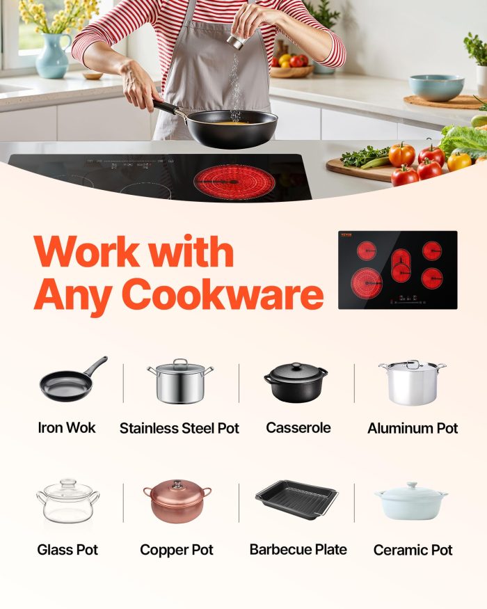 VEVOR Built in Electric Stove Top, 30 inch 5 Burners Ceramic Cooktop, 240V Glass Radiant Cooktop with Sensor Touch Control, Timer & Child Lock Included, 9 Power Levels for Simmer Steam Slow Cook Fry - Image 5