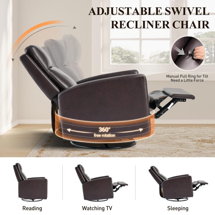 MALOL Leather Recliner Chair for Adults, Swivel Rocker Recliner for Small Spaces, Wide Glider Rocking Nursery Chair with Ergonomic High Backrest, for Home Living Room, Office, Bedroom（Chocolate Brown） - Image 4