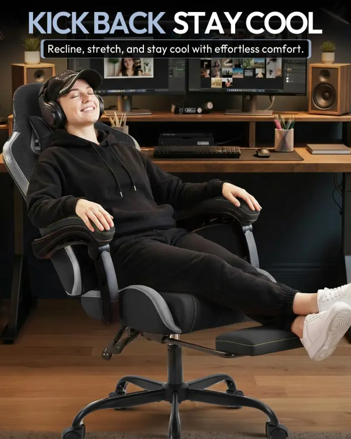 Gaming Chair with Footrest, Ergonomic 330lbs Leather Mesh Chair, Massage Lumbar Support, Adjustable Height & Headrest Pillow, Breathable Seat for Office, Home, Streaming, Long Gaming Sessions, Onyx - Image 5