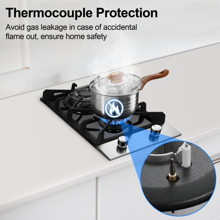 Eascookchef 2 Burner Gas Cooktop, 12 inch LPG/NG Dual Fuel Built-in Gas Stove Top, Black Tempered Glass Stove, Propane Cooktop for Apartment, Outdoor, RV, With Thermocouple Protection - Image 6