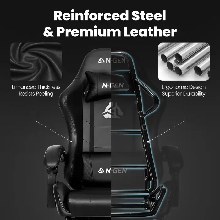 N-GEN GAMING Video Gaming Chair with Footrest Lumbar Support for Home Office High Back Recliner Height Adjustable Ergonomic Comfy Leather Computer Desk Chair (Black) - Image 2