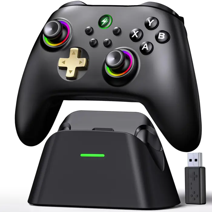 GAMSINGY Wireless PC Controller and Charging Dock - Hall Effect Joystick and Trigger, 2.4G & Wired 1000Hz Polling Rate, 2 Macro Buttons, 1000mAh Battery, LED - for Windows PC/Switch 1/2/iOS/Android - Image 1