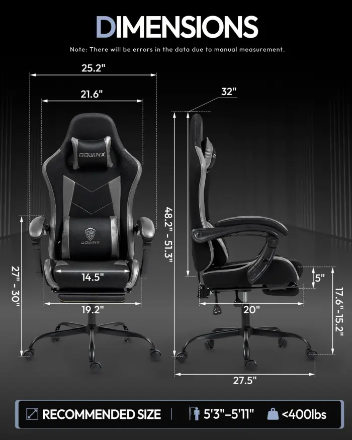 Gaming Chair with Footrest, Ergonomic 330lbs Leather Mesh Chair, Massage Lumbar Support, Adjustable Height & Headrest Pillow, Breathable Seat for Office, Home, Streaming, Long Gaming Sessions, Onyx - Image 7