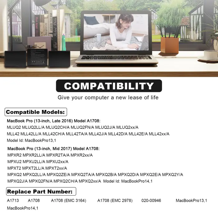 A1708 A1713 Battery for A2171 A2159 A2289 A2338, Compatible with MacBook Pro 13 Inch (Late 2016, Mid 2017, Mid 2019, 2020), EMC 2978 3301 3456 3578 3164 020-00946 MacBookPro13,1 14,1 - 11.4V 54.5Wh - Image 6
