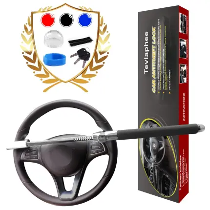 Tevlaphee Steering Wheel Lock for Cars,Wheel Lock,Vehicle Anti-Theft Lock,Adjustable Length Clamp Double Hook Universal Fit Emergency Hammer Window Breaker Self Defense Heavy Duty Secure