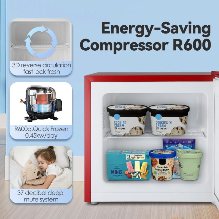 LHRIVER Mini Freezer, 1.2Cu.ft Small Upright Freezer with Handle and Shelves, 7 Adjustable Thermostat, Low Noise for Bedroom/Apartment/Home/Office, Red - Image 4