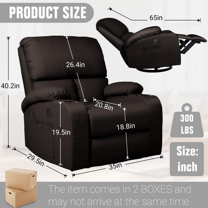LEVELEVE Rocking Recliner Chair, Massage Rocker Recliner Chair with Vibration Massage and Heat, USB and Type-C Ports,360° Swivel Faux Leather Chairs, Living Room, Bedroom, Nursery, RV, Brown - Image 6