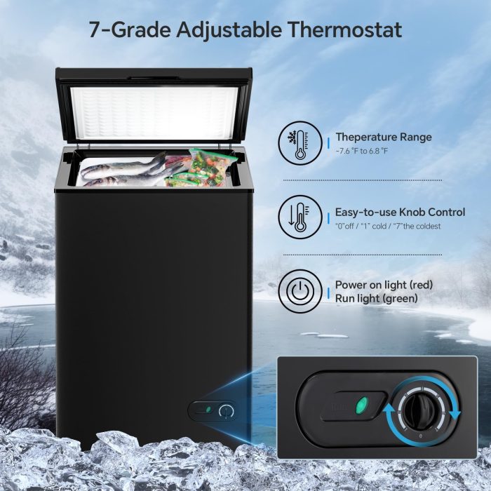 Kismile 3.5 Cubic Feet Chest Freezer with 2 Removable Baskets Free Standing Top Open Door Compact Deep Freezer with Adjustable Temperature for Home/Kitchen/Office/Bar (3.5 Cubic Feet, Black) - Image 6