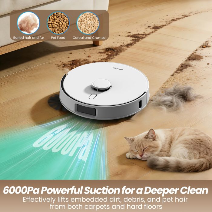 AIRROBO T30+ Robot Vacuum and Mop, 75-Day Self-Emptying, 6000PA Suction, Active Intelligent Obstacle Avoidance, Tangle-Free Brush, Carpet Avoidance, LiDAR Navigation, Smart Mapping, White - Image 5
