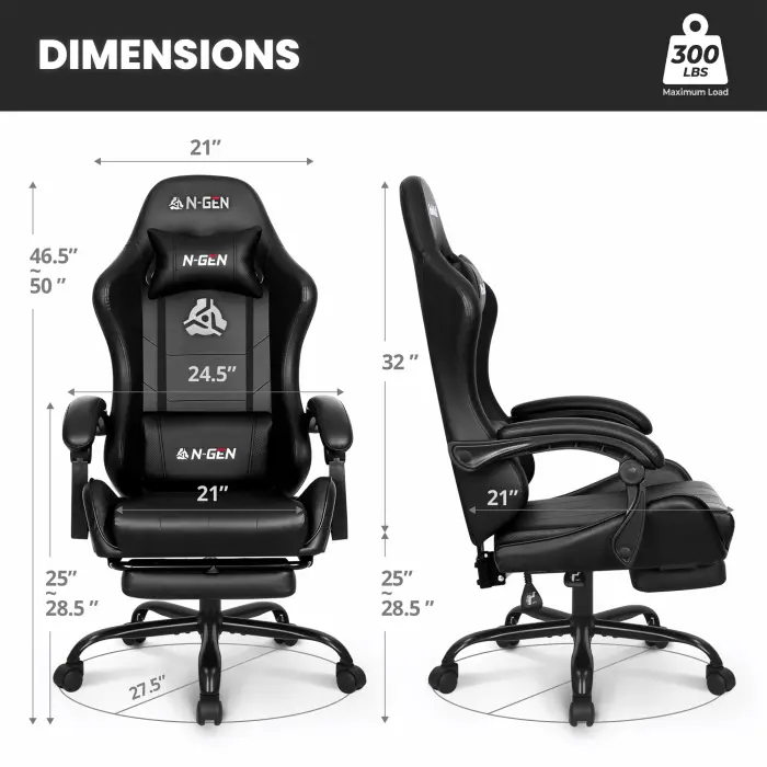 N-GEN GAMING Video Gaming Chair with Footrest Lumbar Support for Home Office High Back Recliner Height Adjustable Ergonomic Comfy Leather Computer Desk Chair (Black) - Image 7