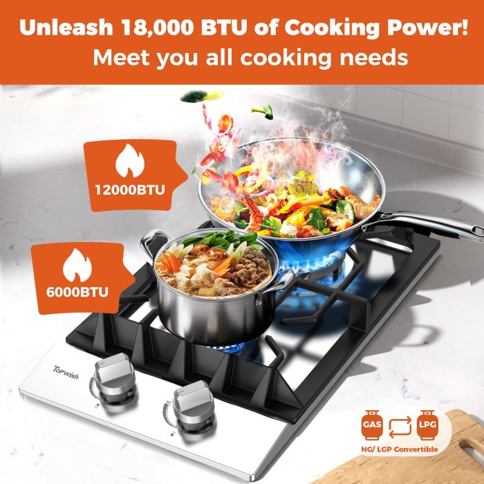 TOPWISH 12 Inch Gas Cooktop, LPG/NG Convertible Built-in Gas Stove Top with 2 Burners 18000BTU, 304 Stainless Steel 2 Burner Propane Stove, Propane Stovetop Thermocouple Protect for Apartments, Rvs - Image 7