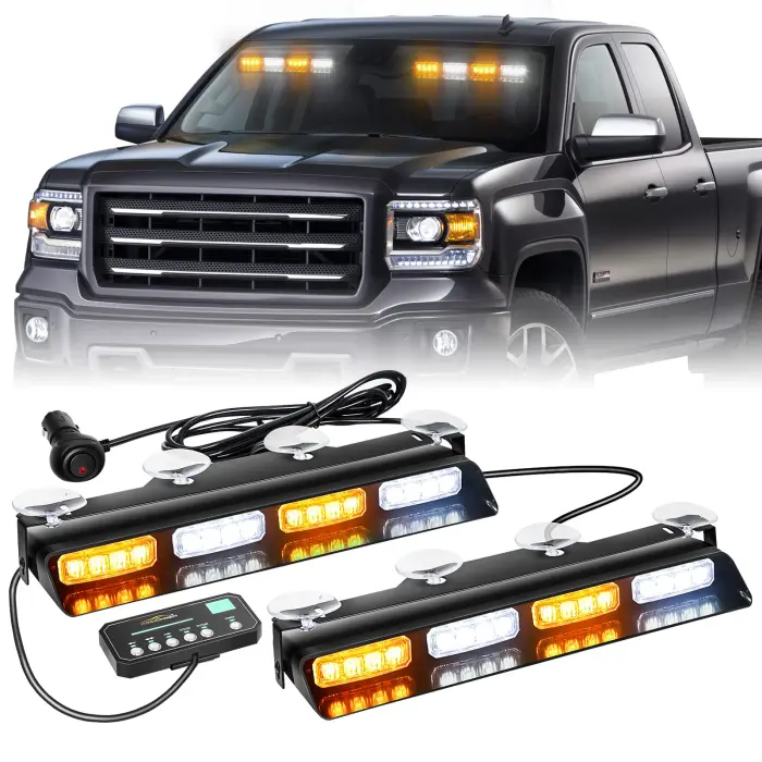 XRIDONSEN Emergency Dash Strobe Lights Safety Flashing Warning Hazard Interior Front/Rear Windshield Deck Split Light Bar w/Suction Cups for Construction Vehicles Trucks (2x14 inch, Amber White) - Image 1