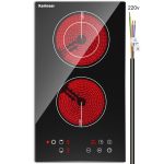 Karinear 2 Burner Electric Cooktop 12 Inch, Drop-in Electric Radiant Cooktop 220v - 240v with Child Safety Lock, Timer, Residual Heat Indicator, 3200W, Hard Wired, No Plug Electric Stove Top