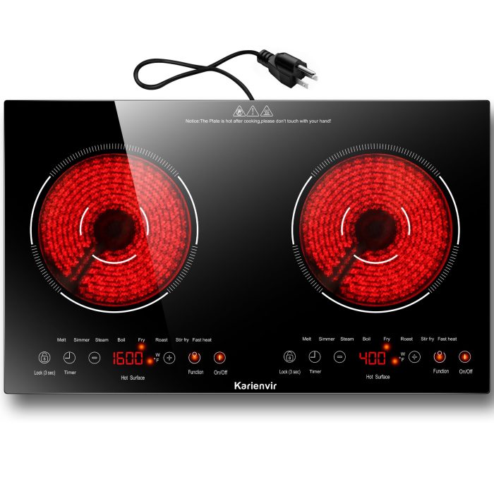 Karienvir 2 Burner Electric Cooktop 110v, 2000W Electric Stove Top Countertop & Built-in, Plug-in Electrics Cooktop 24 Inch, 8 Power Levels & 8 Functions, Touch Control, Safety Lock, Timer, Karienvir - Image 1