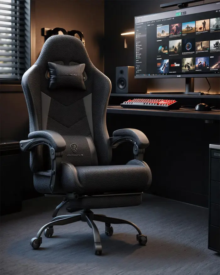 Gaming Chair with Footrest, Ergonomic 330lbs Leather Mesh Chair, Massage Lumbar Support, Adjustable Height & Headrest Pillow, Breathable Seat for Office, Home, Streaming, Long Gaming Sessions, Onyx - Image 8
