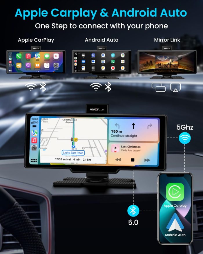 Portable Apple Carplay Screen, 10’’ Car Stereo Wireless Car Play & Android Auto Touch Screen, 4K Dash Cam, 1080P Backup Camera, Mirror Link/Voice Control/Music Play/GPS Navigation - Image 7